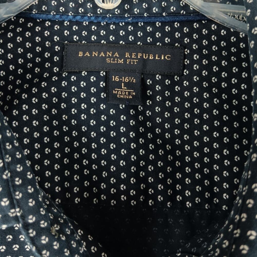 Banana Republic Slim‎ Fit Button Up Shirt Mens Large 16-16.5 Blue Navy Dot Party - Picture 8 of 13